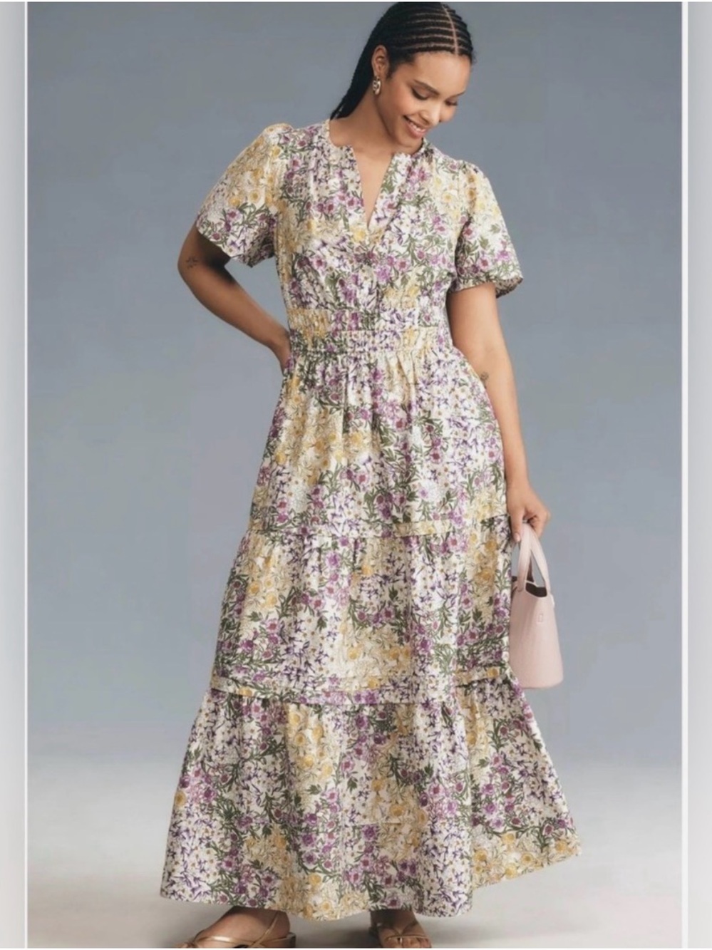 Anthropologie Yellow & Purple Floral Tiered Maxi Dress